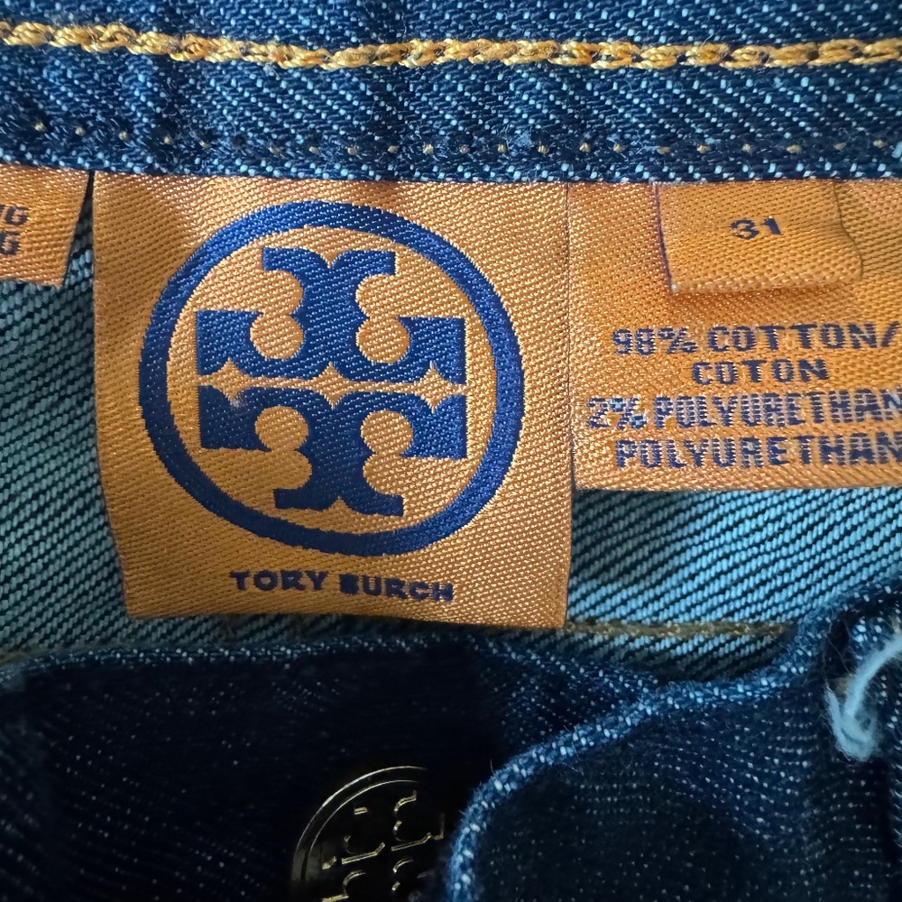Tory Burch Dark Blue Jeans Gold Stitch 2023 Collection
